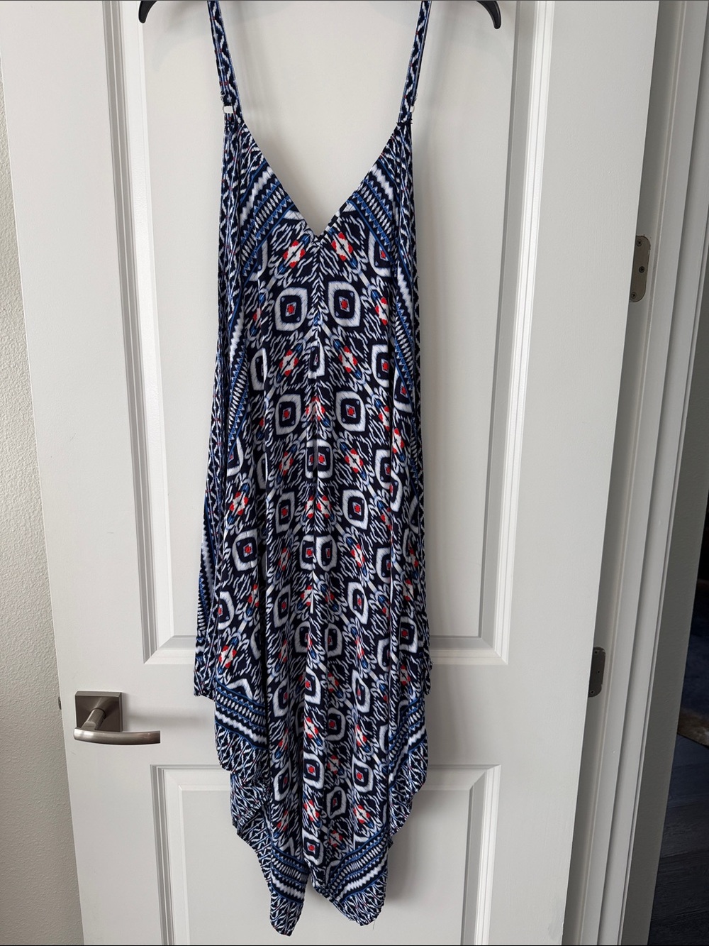 Tommy Bahama Navy Geometric Asymmetrical Slip Dress with Red Accents